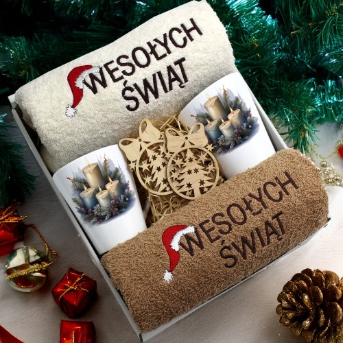 ZESTAW PREZENT ŚWIĄTECZNY KOMPLET KUBKI LATTE RĘCZNIKI ŚWIĘTA MIKOŁAJ
