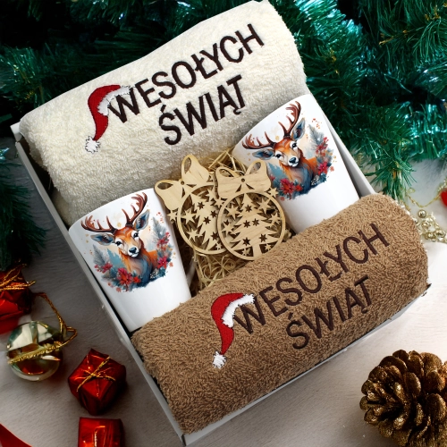 ZESTAW PREZENT ŚWIĄTECZNY KOMPLET KUBKI LATTE RĘCZNIKI ŚWIĘTA MIKOŁAJ