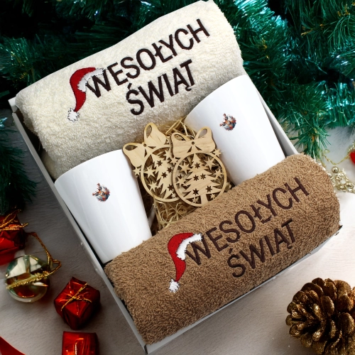ZESTAW PREZENT ŚWIĄTECZNY KOMPLET KUBKI LATTE RĘCZNIKI ŚWIĘTA MIKOŁAJ