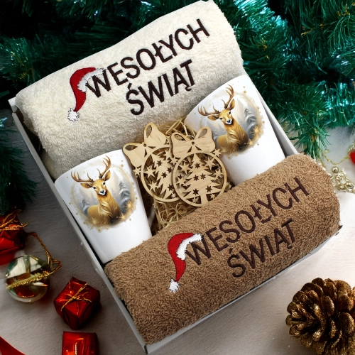 ZESTAW PREZENT ŚWIĄTECZNY KOMPLET KUBKI LATTE RĘCZNIKI ŚWIĘTA MIKOŁAJ