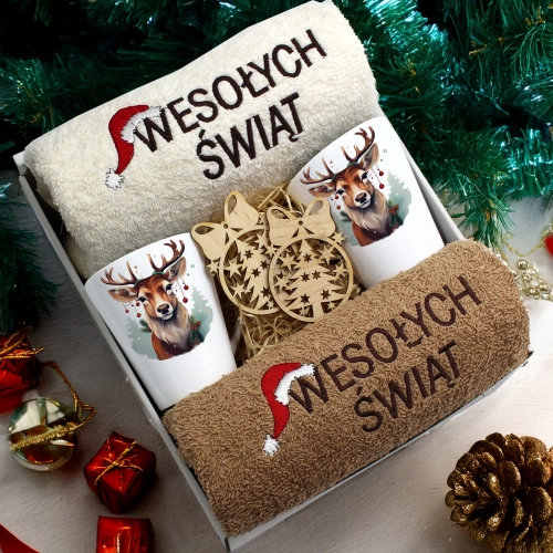 ZESTAW PREZENT ŚWIĄTECZNY KOMPLET KUBKI LATTE RĘCZNIKI ŚWIĘTA MIKOŁAJ