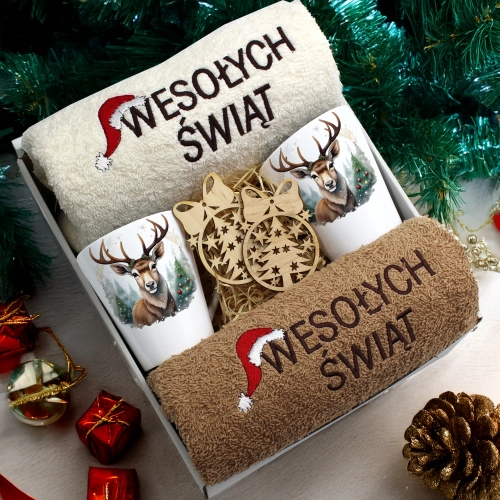 ZESTAW PREZENT ŚWIĄTECZNY KOMPLET KUBKI LATTE RĘCZNIKI ŚWIĘTA MIKOŁAJ