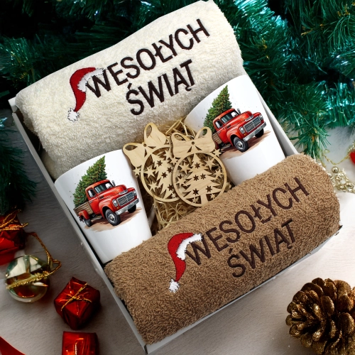 ZESTAW PREZENT ŚWIĄTECZNY KOMPLET KUBKI LATTE RĘCZNIKI ŚWIĘTA MIKOŁAJ