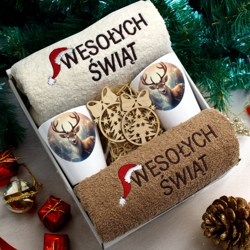 ZESTAW PREZENT ŚWIĄTECZNY KOMPLET KUBKI LATTE RĘCZNIKI ŚWIĘTA MIKOŁAJ