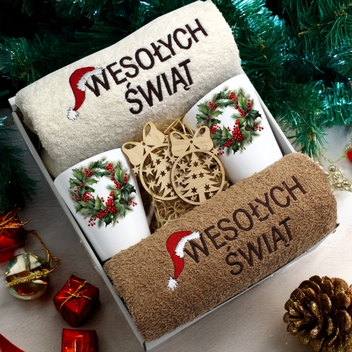 ZESTAW PREZENT ŚWIĄTECZNY KOMPLET KUBKI LATTE RĘCZNIKI ŚWIĘTA MIKOŁAJ