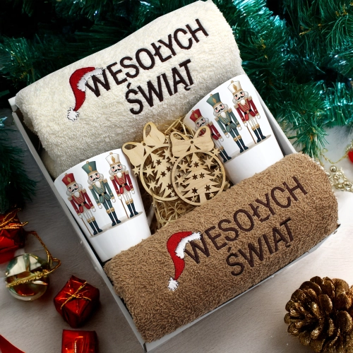 ZESTAW PREZENT ŚWIĄTECZNY KOMPLET KUBKI LATTE RĘCZNIKI ŚWIĘTA MIKOŁAJ