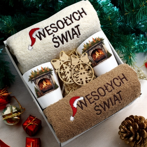ZESTAW PREZENT ŚWIĄTECZNY KOMPLET KUBKI LATTE RĘCZNIKI ŚWIĘTA MIKOŁAJ