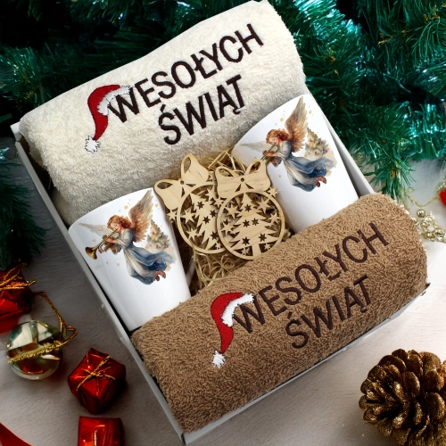 ZESTAW PREZENT ŚWIĄTECZNY KOMPLET KUBKI LATTE RĘCZNIKI ŚWIĘTA MIKOŁAJ