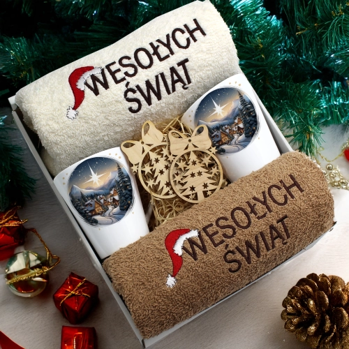 ZESTAW PREZENT ŚWIĄTECZNY KOMPLET KUBKI LATTE RĘCZNIKI ŚWIĘTA MIKOŁAJ
