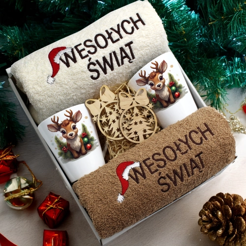 ZESTAW PREZENT ŚWIĄTECZNY KOMPLET KUBKI LATTE RĘCZNIKI ŚWIĘTA MIKOŁAJ