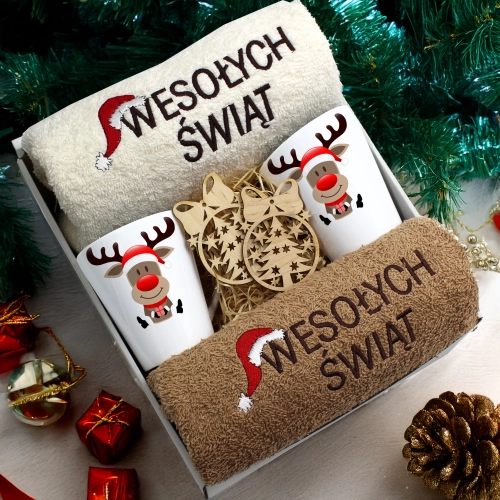 ZESTAW PREZENT ŚWIĄTECZNY KOMPLET KUBKI LATTE RĘCZNIKI ŚWIĘTA MIKOŁAJ
