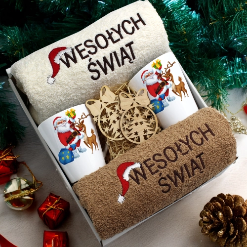 ZESTAW PREZENT ŚWIĄTECZNY KOMPLET KUBKI LATTE RĘCZNIKI ŚWIĘTA MIKOŁAJ