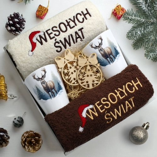 ZESTAW PREZENT ŚWIĄTECZNY KOMPLET KUBKI LATTE RĘCZNIKI ŚWIĘTA MIKOŁAJ