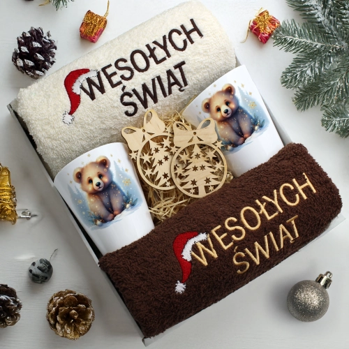 ZESTAW PREZENT ŚWIĄTECZNY KOMPLET KUBKI LATTE RĘCZNIKI ŚWIĘTA MIKOŁAJ