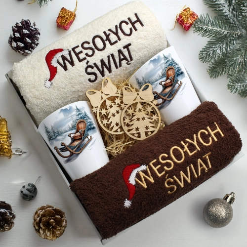 ZESTAW PREZENT ŚWIĄTECZNY KOMPLET KUBKI LATTE RĘCZNIKI ŚWIĘTA MIKOŁAJ