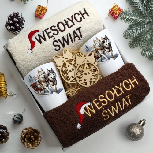 ZESTAW PREZENT ŚWIĄTECZNY KOMPLET KUBKI LATTE RĘCZNIKI ŚWIĘTA MIKOŁAJ