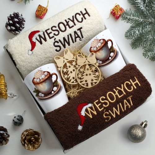 ZESTAW PREZENT ŚWIĄTECZNY KOMPLET KUBKI LATTE RĘCZNIKI ŚWIĘTA MIKOŁAJ