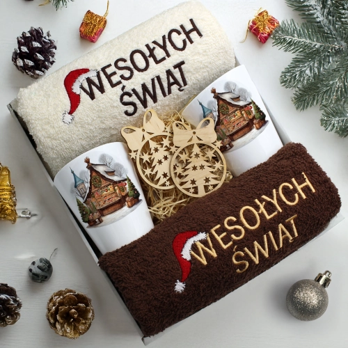 ZESTAW PREZENT ŚWIĄTECZNY KOMPLET KUBKI LATTE RĘCZNIKI ŚWIĘTA MIKOŁAJ