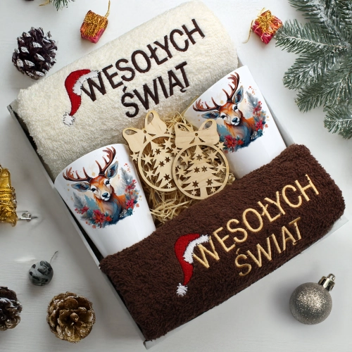 ZESTAW PREZENT ŚWIĄTECZNY KOMPLET KUBKI LATTE RĘCZNIKI ŚWIĘTA MIKOŁAJ