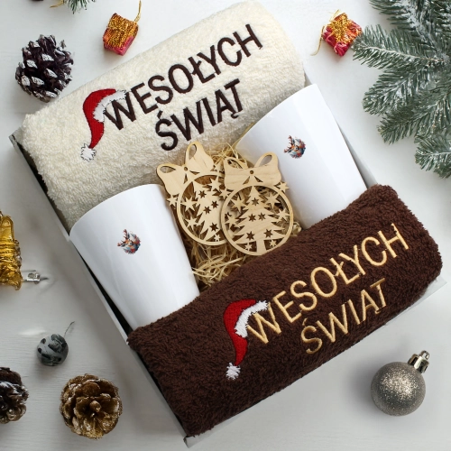ZESTAW PREZENT ŚWIĄTECZNY KOMPLET KUBKI LATTE RĘCZNIKI ŚWIĘTA MIKOŁAJ
