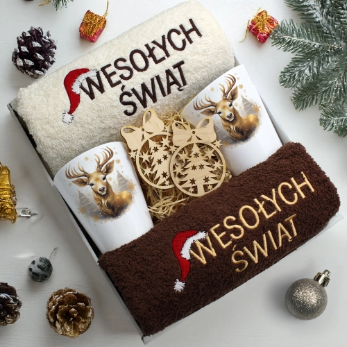 ZESTAW PREZENT ŚWIĄTECZNY KOMPLET KUBKI LATTE RĘCZNIKI ŚWIĘTA MIKOŁAJ