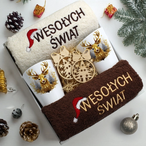 ZESTAW PREZENT ŚWIĄTECZNY KOMPLET KUBKI LATTE RĘCZNIKI ŚWIĘTA MIKOŁAJ