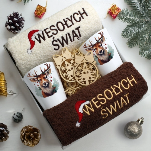 ZESTAW PREZENT ŚWIĄTECZNY KOMPLET KUBKI LATTE RĘCZNIKI ŚWIĘTA MIKOŁAJ