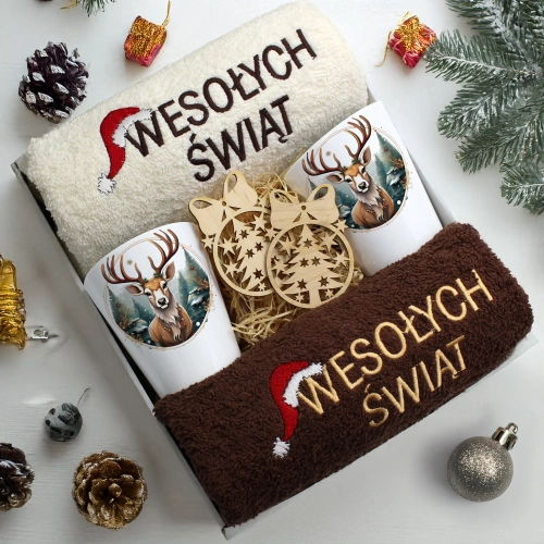 ZESTAW PREZENT ŚWIĄTECZNY KOMPLET KUBKI LATTE RĘCZNIKI ŚWIĘTA MIKOŁAJ