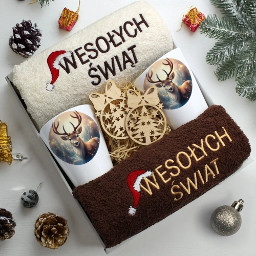 ZESTAW PREZENT ŚWIĄTECZNY KOMPLET KUBKI LATTE RĘCZNIKI ŚWIĘTA MIKOŁAJ