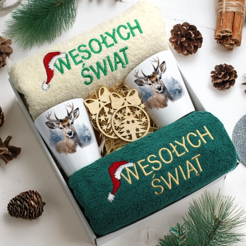 ZESTAW PREZENT ŚWIĄTECZNY KOMPLET KUBKI LATTE RĘCZNIKI ŚWIĘTA MIKOŁAJ