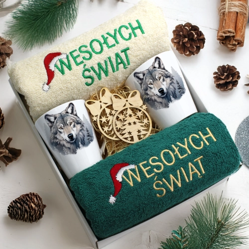 ZESTAW PREZENT ŚWIĄTECZNY KOMPLET KUBKI LATTE RĘCZNIKI ŚWIĘTA MIKOŁAJ