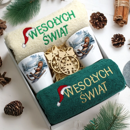 ZESTAW PREZENT ŚWIĄTECZNY KOMPLET KUBKI LATTE RĘCZNIKI ŚWIĘTA MIKOŁAJ