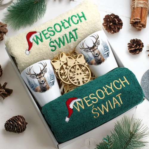 ZESTAW PREZENT ŚWIĄTECZNY KOMPLET KUBKI LATTE RĘCZNIKI ŚWIĘTA MIKOŁAJ