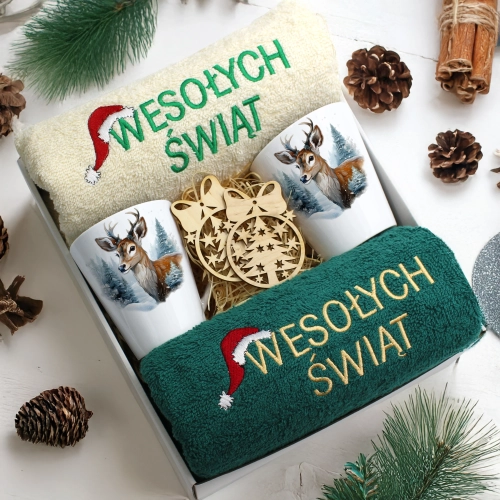 ZESTAW PREZENT ŚWIĄTECZNY KOMPLET KUBKI LATTE RĘCZNIKI ŚWIĘTA MIKOŁAJ