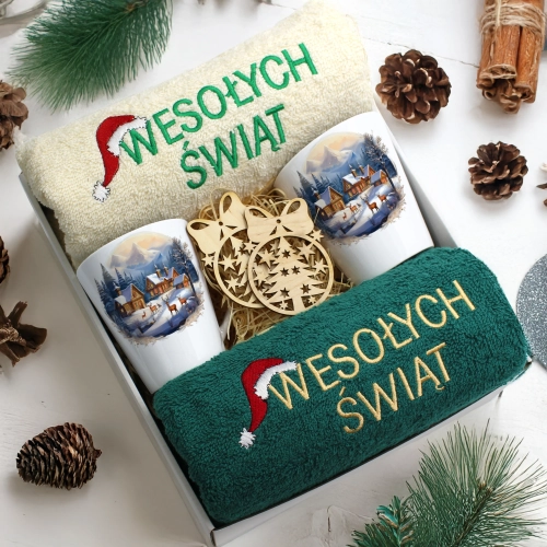 ZESTAW PREZENT ŚWIĄTECZNY KOMPLET KUBKI LATTE RĘCZNIKI ŚWIĘTA MIKOŁAJ