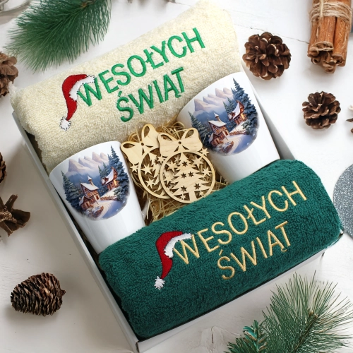 ZESTAW PREZENT ŚWIĄTECZNY KOMPLET KUBKI LATTE RĘCZNIKI ŚWIĘTA MIKOŁAJ