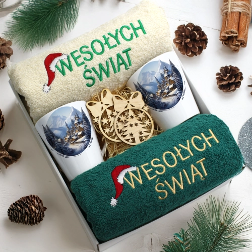 ZESTAW PREZENT ŚWIĄTECZNY KOMPLET KUBKI LATTE RĘCZNIKI ŚWIĘTA MIKOŁAJ