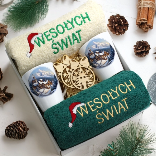 ZESTAW PREZENT ŚWIĄTECZNY KOMPLET KUBKI LATTE RĘCZNIKI ŚWIĘTA MIKOŁAJ