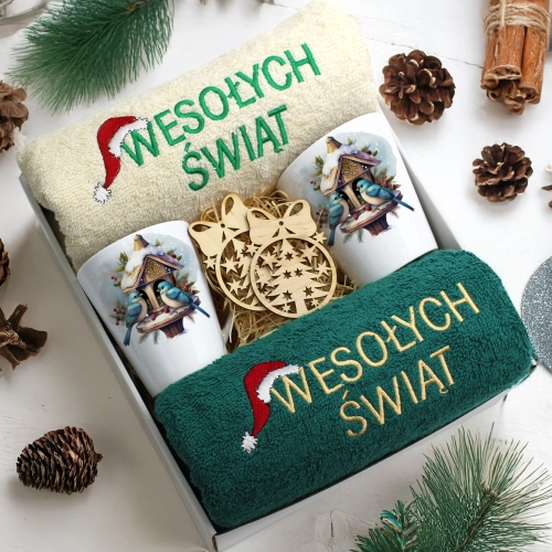 ZESTAW PREZENT ŚWIĄTECZNY KOMPLET KUBKI LATTE RĘCZNIKI ŚWIĘTA MIKOŁAJ