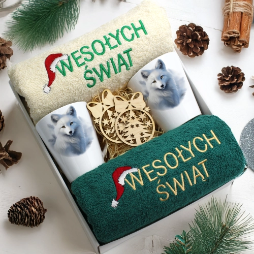 ZESTAW PREZENT ŚWIĄTECZNY KOMPLET KUBKI LATTE RĘCZNIKI ŚWIĘTA MIKOŁAJ