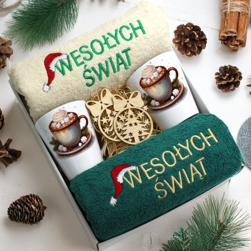 ZESTAW PREZENT ŚWIĄTECZNY KOMPLET KUBKI LATTE RĘCZNIKI ŚWIĘTA MIKOŁAJ