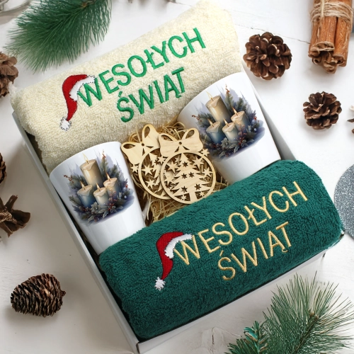 ZESTAW PREZENT ŚWIĄTECZNY KOMPLET KUBKI LATTE RĘCZNIKI ŚWIĘTA MIKOŁAJ