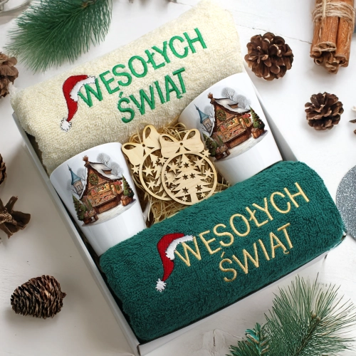 ZESTAW PREZENT ŚWIĄTECZNY KOMPLET KUBKI LATTE RĘCZNIKI ŚWIĘTA MIKOŁAJ