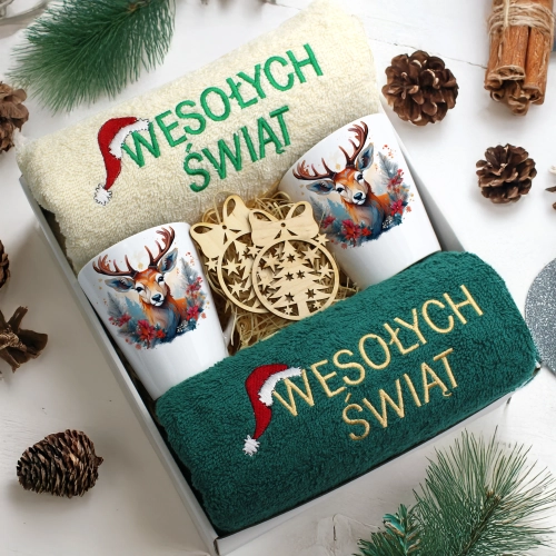 ZESTAW PREZENT ŚWIĄTECZNY KOMPLET KUBKI LATTE RĘCZNIKI ŚWIĘTA MIKOŁAJ