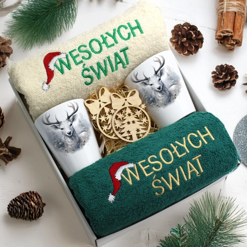 ZESTAW PREZENT ŚWIĄTECZNY KOMPLET KUBKI LATTE RĘCZNIKI ŚWIĘTA MIKOŁAJ