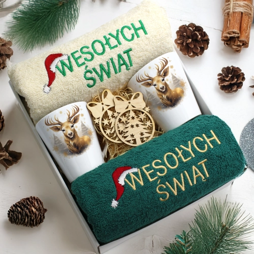 ZESTAW PREZENT ŚWIĄTECZNY KOMPLET KUBKI LATTE RĘCZNIKI ŚWIĘTA MIKOŁAJ