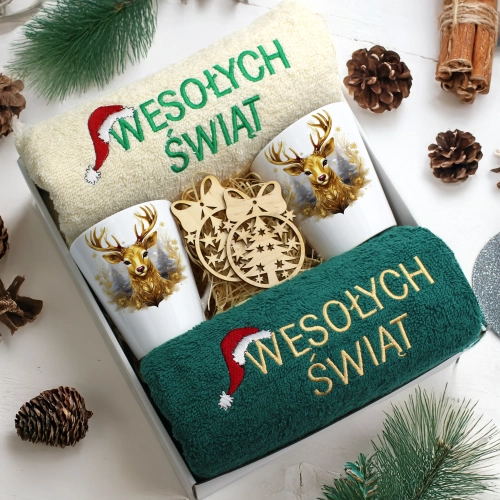 ZESTAW PREZENT ŚWIĄTECZNY KOMPLET KUBKI LATTE RĘCZNIKI ŚWIĘTA MIKOŁAJ