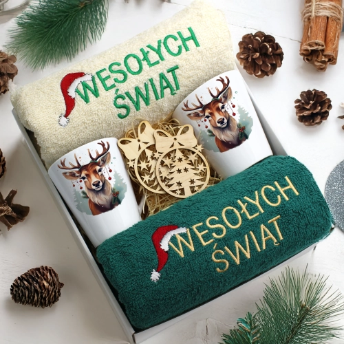 ZESTAW PREZENT ŚWIĄTECZNY KOMPLET KUBKI LATTE RĘCZNIKI ŚWIĘTA MIKOŁAJ