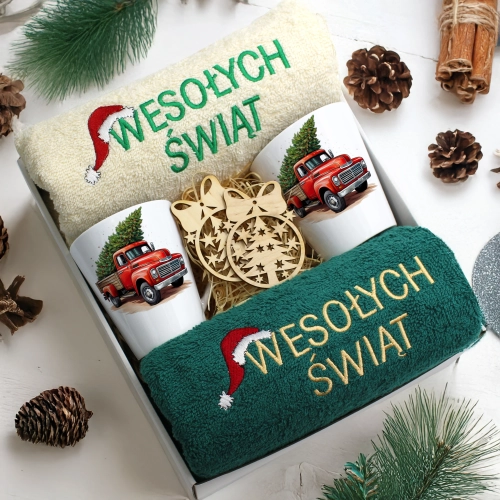 ZESTAW PREZENT ŚWIĄTECZNY KOMPLET KUBKI LATTE RĘCZNIKI ŚWIĘTA MIKOŁAJ