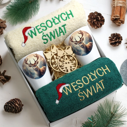 ZESTAW PREZENT ŚWIĄTECZNY KOMPLET KUBKI LATTE RĘCZNIKI ŚWIĘTA MIKOŁAJ